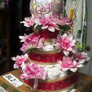 Baby Girl Diaper Cake with Pink Flowers